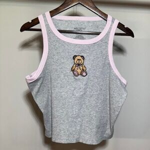 Mighty Fine Gray Tank Top With Pink Trim and Teddy Bear Size 2X 95% Cotton Cozy